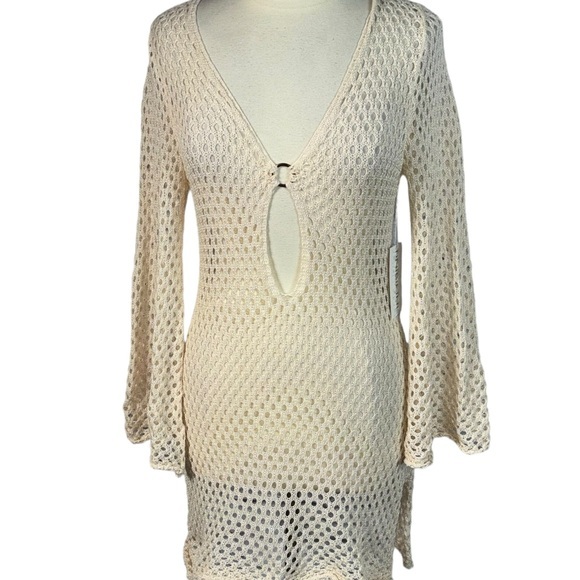 Tinibikini Beige Sand Crochet Swim Cover Up Tunic Dress With Bell Sleeves